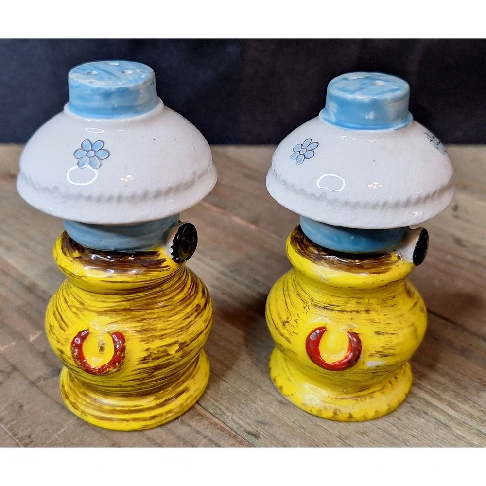 Vintage Artmark Japan Oil Lamp Salt and Pepper Shakers Yellow Floral Ceramic Set